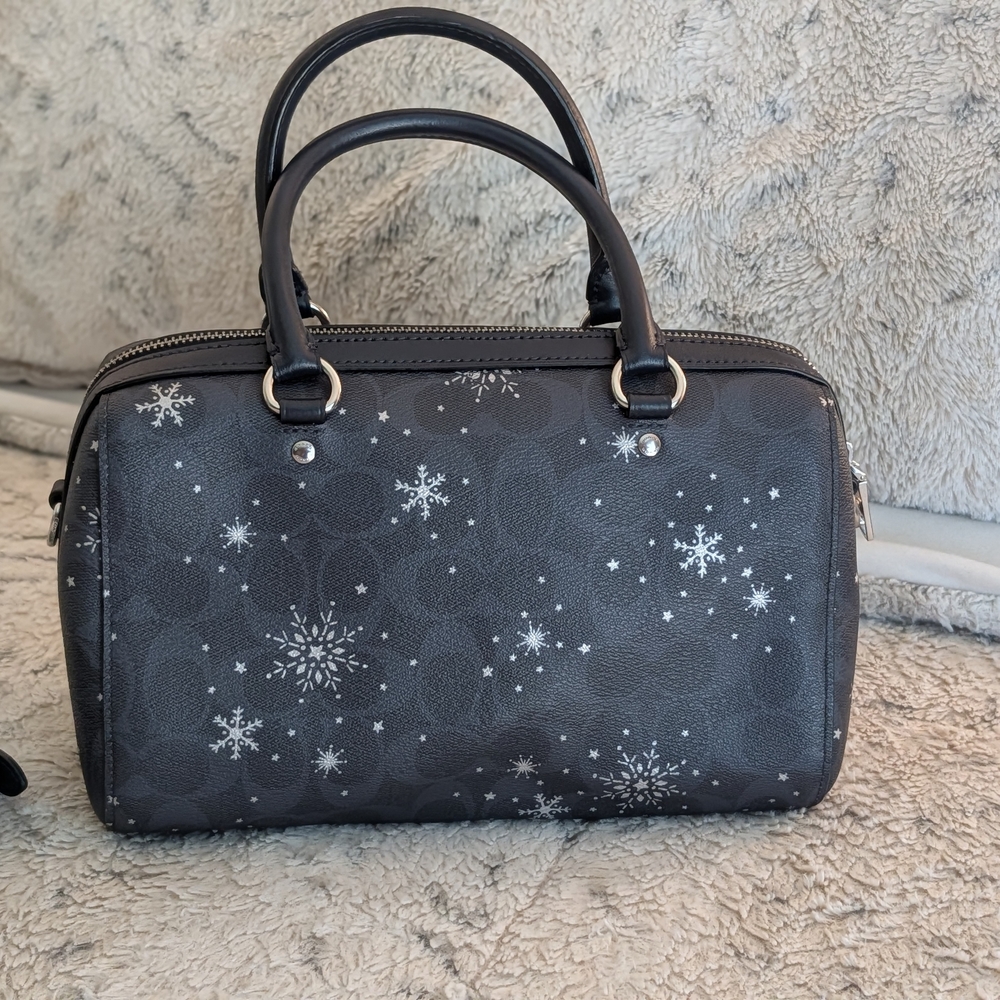 Coach Rowan Navy Blue Signature White Snowflakes Satchel Crossbody - Picture 4 of 10